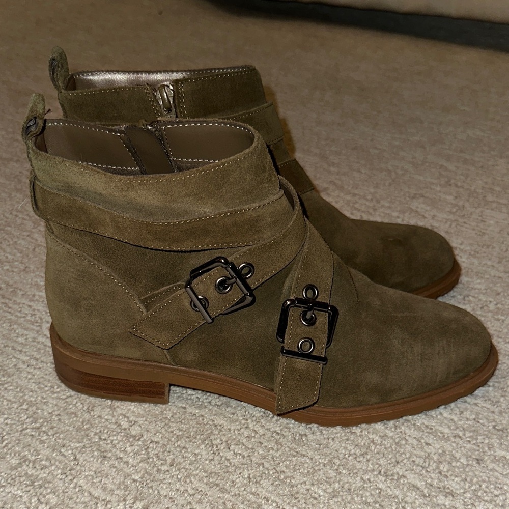 Bleaker & Bond Women’s Olive Suede Ankle Boots with Buckle Detail